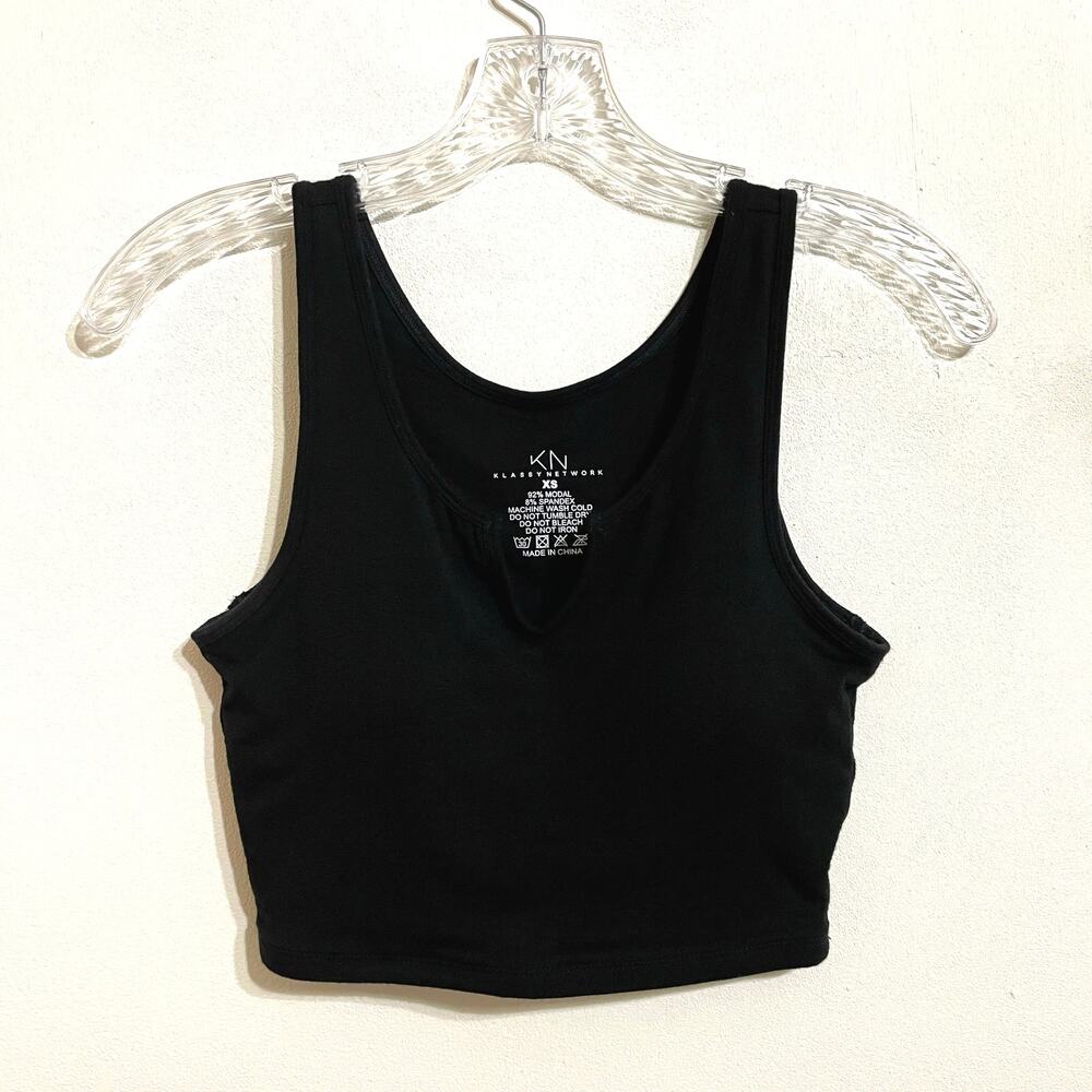 Klassy Network Crop Top Tank Sz XS Black Split Neck Built in Bra Removable Pads